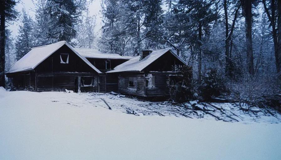 Prompt: 1 9 7 0 s movie still of a frozen burning house in a snowy pine forest, cinestill 8 0 0 t 3 5 mm, high quality, heavy grain, high detail, texture, dramatic light, ultra wide lens, panoramic anamorphic, hyperrealistic,