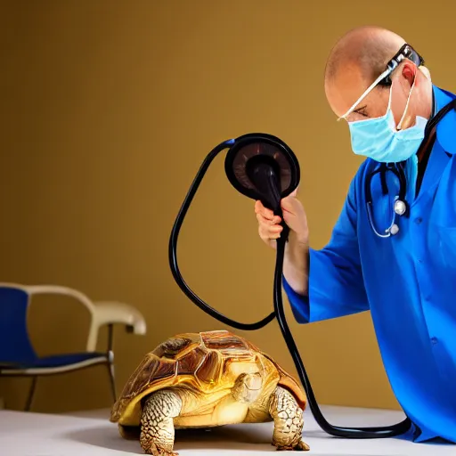 Image similar to doctor using a stethoscope to examine a tortoise under bright operating room lights, closeup, wide angle, backlit