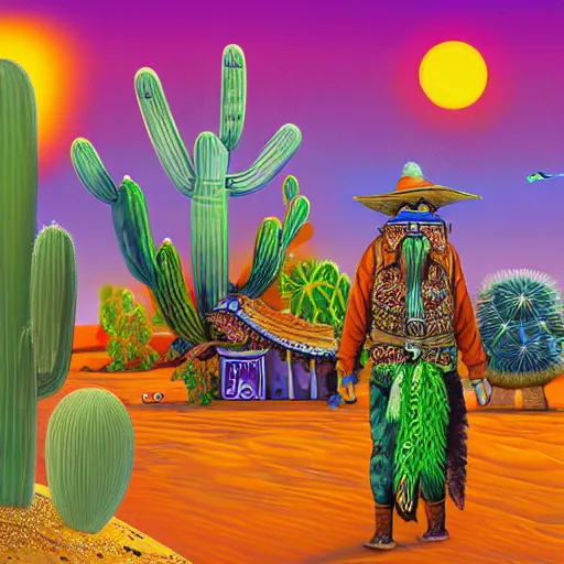 Prompt: digital art painting rich of details of a shaman walking in a desert, in the air dogs are flying and strange ducks are smoking glas - pipes, on the background various houses made of cactus, in foreground a toxic desert - fox with sunglasses drink a cup of tea, the sand of the desert is infestate of 🐛