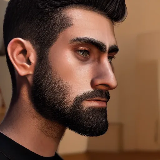 Image similar to a closeup shot of handsome esfand from twitch, gigachad, strong jawline, photorealism, 8k