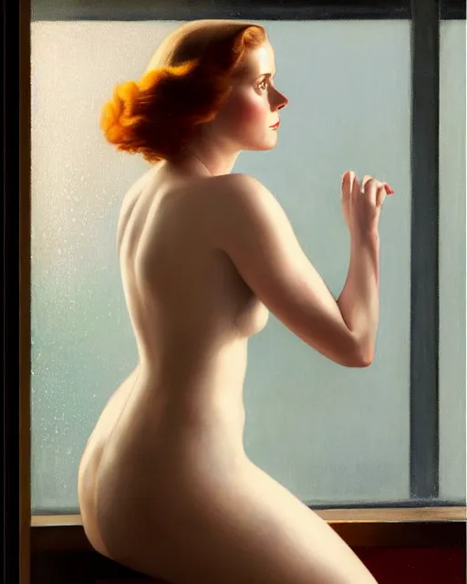 Image similar to photo of amy adams in 1 9 3 0 s penthouse rainy window, oil painting, by enoch bolles, greg rutkowski, edward hopper, artgerm, wlop glossy skin, intricate architectural detail, pearlescent, very coherent, cute