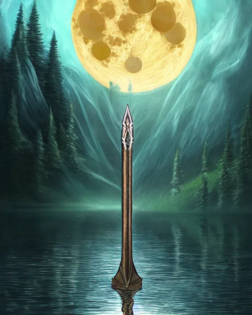 Image similar to legendary excalibur rising from the middle of a lake under a giant full moon, rippling reflections, lady of the lake, western, D&D, fantasy, intricate, elegant, highly detailed, digital painting, artstation, concept art, matte, sharp focus, illustration, masterpiece, stunning, artstation