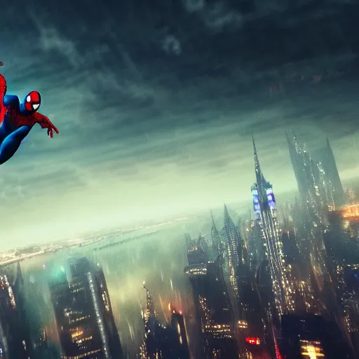 Image similar to A hyperdetailed photograph of Spider-Man swinging through the skies of a cyberpunk, futuristic city, night, dense fog, rain, HD, 8K resolution