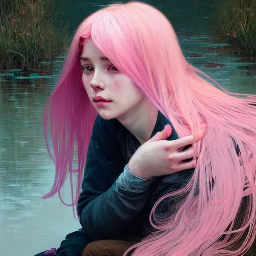 Prompt: Portrait of a girl with pink hair, sitting at the edge of a river, face, detailed, intricate, elegant, highly detailed, digital painting, artstation, concept art, smooth, sharp focus, illustration, art by Krenz Cushart and Artem Demura and alphonse mucha