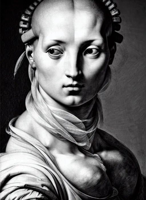 Image similar to a stunning young female cyborg profile face, by annibale carracci, by caspar david friedrich, glamor shot, nikon d 7 5 0, closeup, f / 2. 8, low contrast, 1 6 k, rim lighting, optical fiber, cinematic lighting, insanely detailed and intricate, hypermaximalist, elegant, ornate, hyper realistic