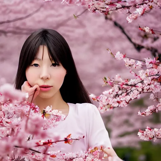 Prompt: a beautiful young Japanese girl, surrounded by sakura petals blowing in the wind, aesthetic!!!, beautiful!!!