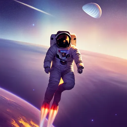 Prompt: centered portrait of the Astronaut riding on top of a rocket, realistic concept, light atmosphere, golden ratio, wide shot, cinematic lighting, hyperdetailed, high detailed, high resolution, insanely detailed and intricate, artstation, Marc Simonetti, Greg Rutkowski, octane render, unreal engine, 8k