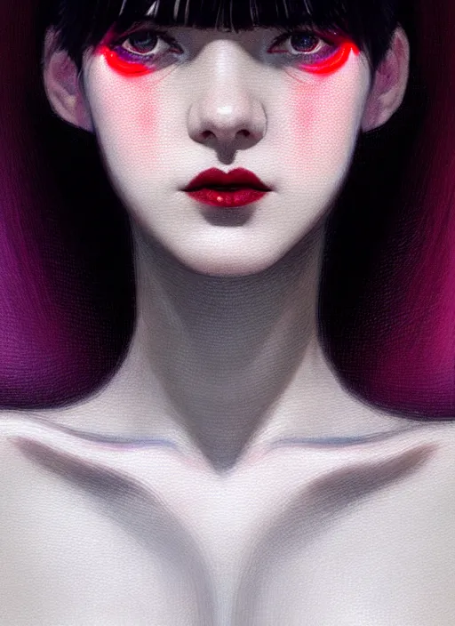 Image similar to portrait of teenage girl, red irises, red eyes, black hair, white bangs, purple lipstick, white bangs, bangs, black hair and white bangs, intricate, elegant, glowing lights, highly detailed, digital painting, artstation, concept art, smooth, sharp focus, illustration, art by wlop, mars ravelo and greg rutkowski