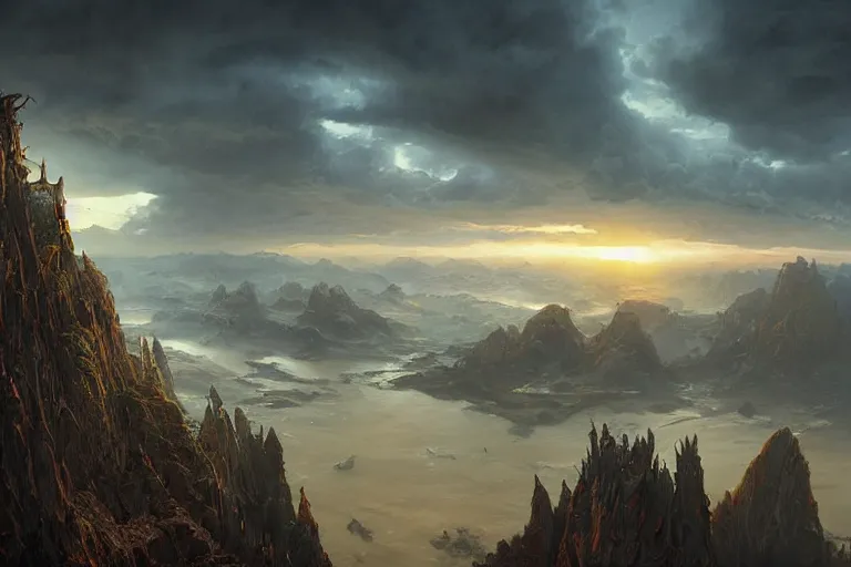 Prompt: high aerial shot, fantasy landscape, sunset lighting ominous shadows, cinematic fantasy painting, dungeons and dragons, gentle coastline by jessica rossier and brian froud