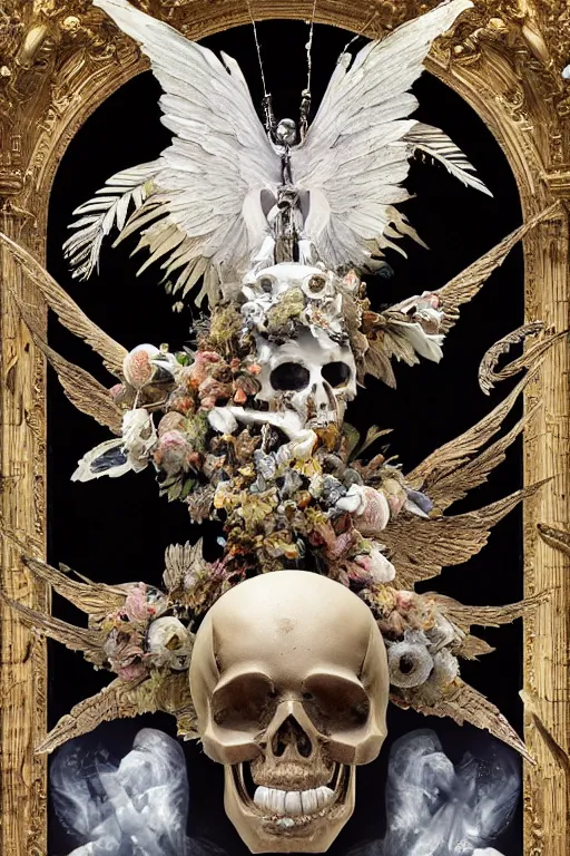 Prompt: A flying icarus reaching for the sun with a skull mask and wings as a corrupted and glitched Greek sculpture, glowing quartz crystal skull, wreath of ferns, abstract milky quartz eyes, many large flying monster eyes, flowing sakura silk, fabric, flowers. baroque elements, human skull. full-length view. baroque element. intricate artwork by caravaggio. many many birds birds on background. Trending on artstation. halo. octane render, cinematic, hyper realism, octane render, 8k, depth of field, 3D