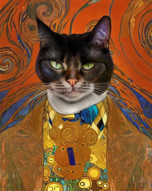 Image similar to gentleman cat portrait an oil painting splashes with many colors and shapes by gustav klimt greg rutkowski and alphonse mucha, polycount, generative art, psychedelic, fractalism, glitch art