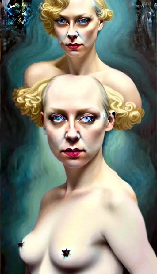 Image similar to exquisite oil painting on canvas of gwendoline christie portraying lucifer, woman's portrait, gorgeous face, goldilocks, porcelain looking skin, piercing stare, unique and intricate painting, stunning ivory dress, elegant, majestic, 4 k, ultra high quality, canon, hyperrealist, by annie leibovitz