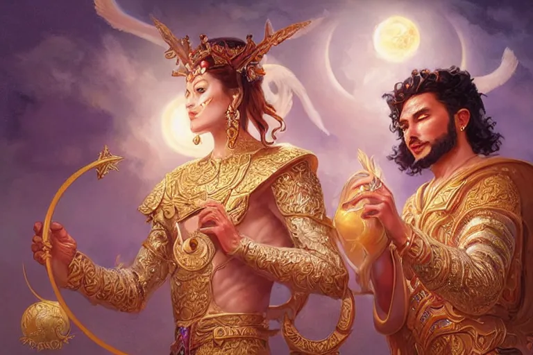 Image similar to close up moment of a divine a sun god and a moon goddess lovers magician at a wedding banquet, highly detailed, d & d, fantasy, highly detailed, digital painting, trending on artstation, concept art, sharp focus, illustration, art by artgerm and greg rutkowski and magali villeneuve