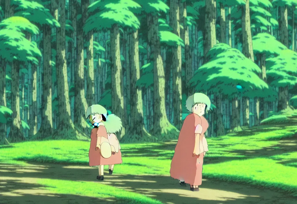 Prompt: Mumintroll walking through the forest, side view, art by hayao miyazaki, studio ghibli film, 4k, hi res, high detail