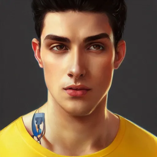 Image similar to ultra realistic illustration, a young man with black hair, in a yellow t - shirt, with blue eyes, highly detailed, digital painting, artstation, concept art, smooth, sharp focus, illustration, art by artgerm and greg rutkowski and alphonse mucha