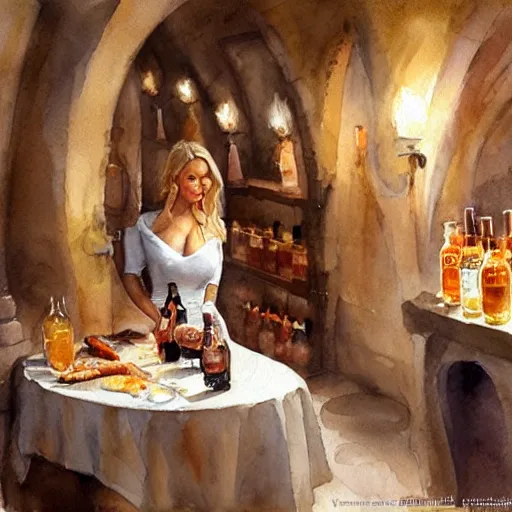 Image similar to hot blonde in tight dress in a wine cellar, food, pork, beer, schnapps, rustic, traditional, torches on the wall, watercolor by vladimir volegov, highly detailed, masterpiece