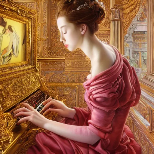 Prompt: a masterpiece ultradetailed art of a beautiful girl plaing computer baroque renaissance. medium shot, intricate, elegant, highly detailed, by stanley artgerm lau, wlop, rossdraws, james jean, andrei riabovitchev, marc simonetti, background by james jean and gustav klimt, light by julie bell, 4 k, porcelain skin.