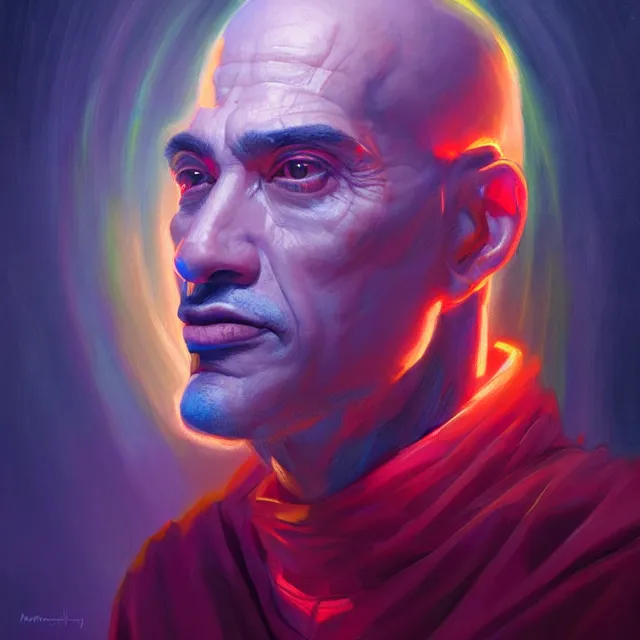 Prompt: portrait of dino d'santiago by mandy jurgens, cartoon, oil painting, visionary art, magic symbols, holy halo, neon ambient lighting, high detail, vibrant colors,