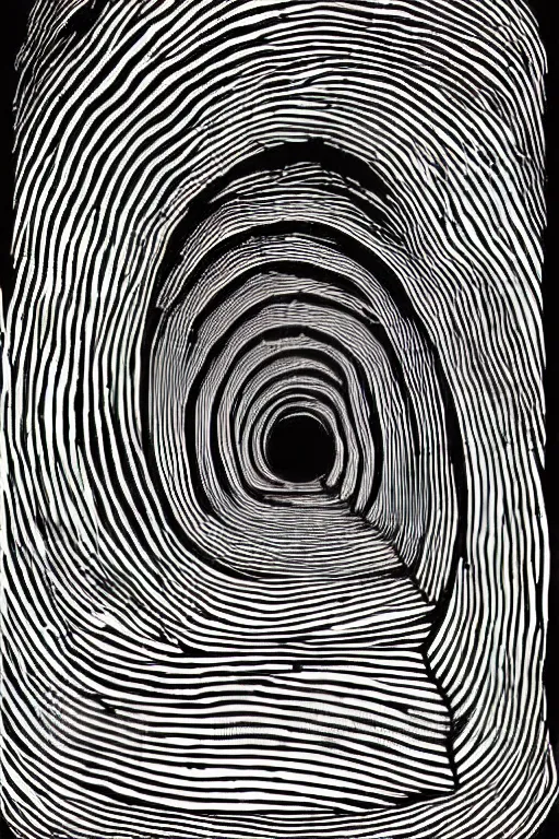 Image similar to spiraling tunnel of bookshelves, art by james o barr and albrecht durer, surreal woodcut engraving, black and white, vector, vector art