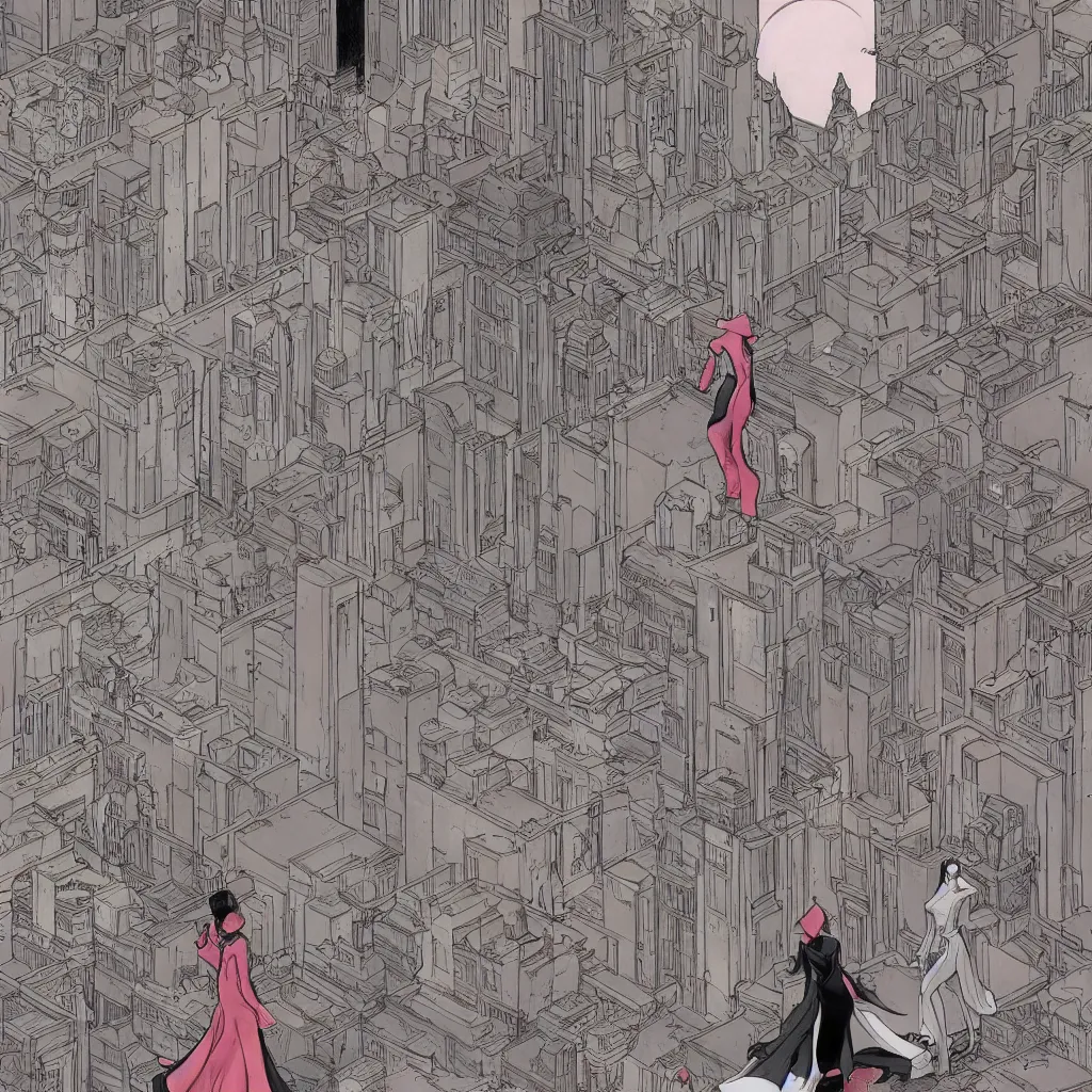 Image similar to an elegant full-length moebius-style woman walks through a surreal city