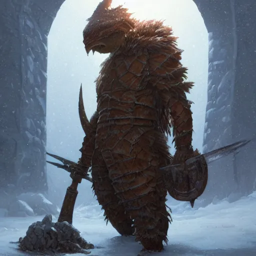 Prompt: anthropomorphic spiketurtle humanoid with large shell, greg rutkowski, barbarian, tim hildebrandt, winter, ice, snow, fur jacket, battlehammer, wayne barlowe, tall, menacing, fantasy