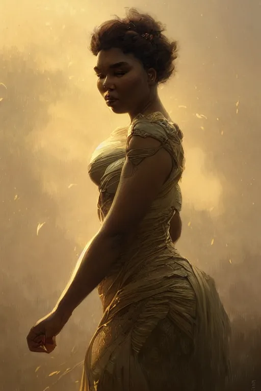 Image similar to lizzo profile picture by Greg Rutkowski, matte painting, intricate, fantasy concept art, elegant, by Stanley Artgerm Lau, WLOP, golden ratio, thomas kindkade, alphonse mucha, loish, norman Rockwell,