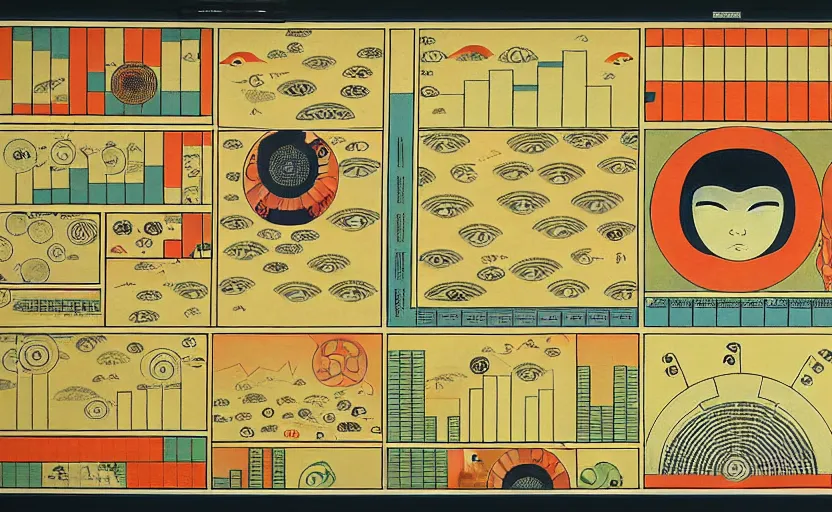 Image similar to business dashboard with time series charts, pie plots and other modern graphics, with small creatures with many eyes. diego rivera ( with slight ukiyo - e influence ). ravi supa.