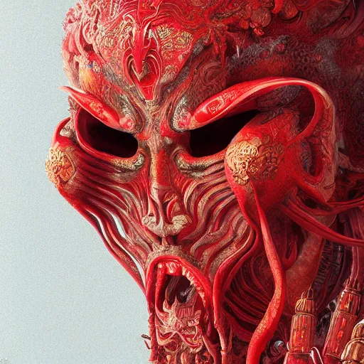 Image similar to The red alien, intricated traditional Chinese textures, rococo decorations, hyper detail, Unreal engine,Octane render, by Karol Bak