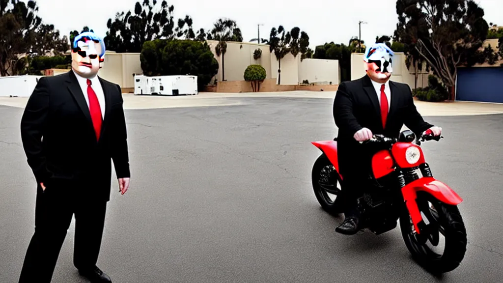 Prompt: Andy Richter is dressed in a black suit and a red necktie and riding a motorcycle into a studio lot. The studio lot is filled with Soundstages and movie trailers. It is a bright afternoon and overcast.