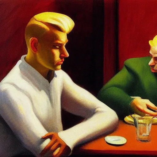 Image similar to a detailed painting, blonde man at a dinner table, dramatic lighting, edward hopper,