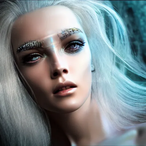 Prompt: beautiful pragmatic face, crystal, platinum, gold, biomechanoid with incredible iridescent pearlescent voluminous fiberoptic hair, crystalline masterpiece implants, hyperdetailed face, elegant pose, movie still, intricate, octane render, cinematic forest lighting, unreal engine, dieselpunk setting, crepuscular rays, god rays.