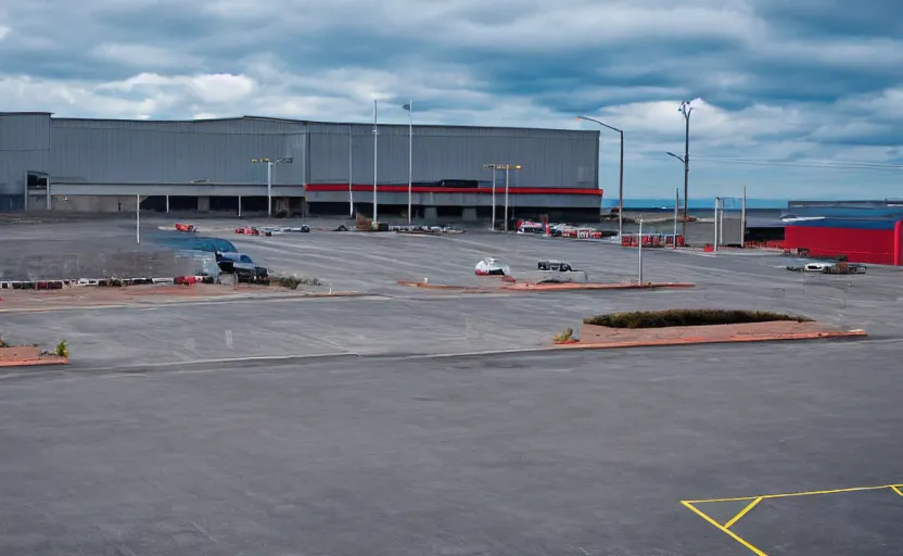 Image similar to industrial grey metal warehouse complex, large empty parking lot in front of it, in the center of the warehouse is a fast food restaurant with neon signs, sea in the background