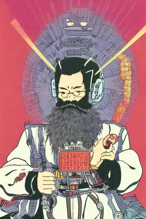 Image similar to awe-inspiring 1980s Japanese cyberpunk style illustration of a grandfather with a beard sitting on the floor by Masamune Shiro and Katsuhiro Otomo, studio ghibli color scheme, dark, complex