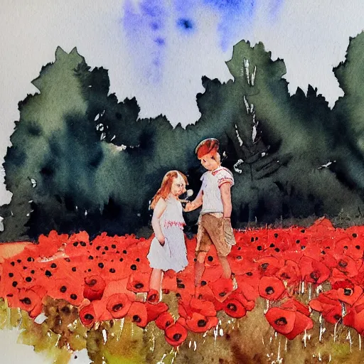 Prompt: manon and gregoire in a poppy field, watercolor