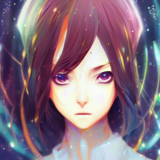 Image similar to A realistic anime painting of a beautiful android woman with glowing yellow gold eyes. digital painting by Sakimichan, Makoto Shinkai, Rossdraws, Pixivs and Junji Ito, digital painting. trending on Pixiv. SFW version —H 1024