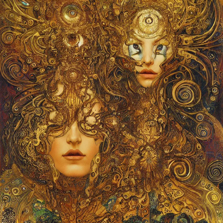 Image similar to Divine Chaos Engine by Karol Bak, Jean Deville, Gustav Klimt, and Vincent Van Gogh, visionary, sacred fractal structures, ornate gilded medieval icon, spirals, 8k 3D