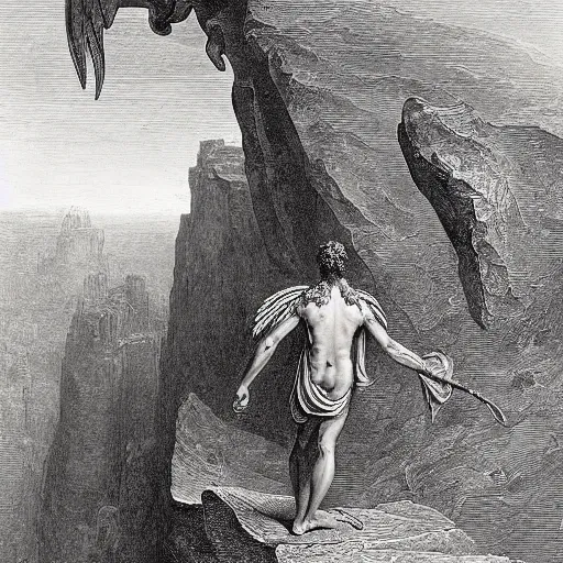Prompt: a small man standing in front of a massive winged demon crawling up from a canyon, highly detailed, Biblical, high contast, david and goliath, in the style of Gustave Dore
