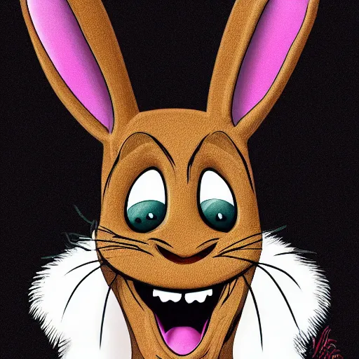 Image similar to A extremely highly detailed majestic hi-res beautiful, highly detailed head and shoulders portrait of a scary terrifying, horrifying, creepy black cartoon rabbit with scary big eyes, earing a shirt laughing maniacally , let's be friends, in the style of Walt Disney