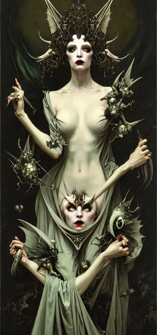 Image similar to baroque oil painting portrait of vampire queen in gothic robes with bat wings, by nekro, peter mohrbacher, alphonse mucha, brian froud, yoshitaka amano, kim keever, victo ngai, james jean