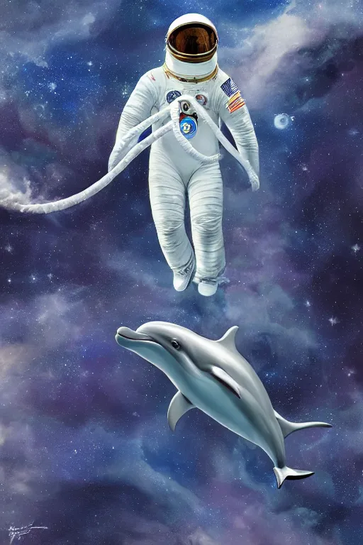 Prompt: dolphin shaped astronaut suit, dolphin, oil on canvas, intricate, portrait, 8 k highly professionally detailed, hdr, cgsociety