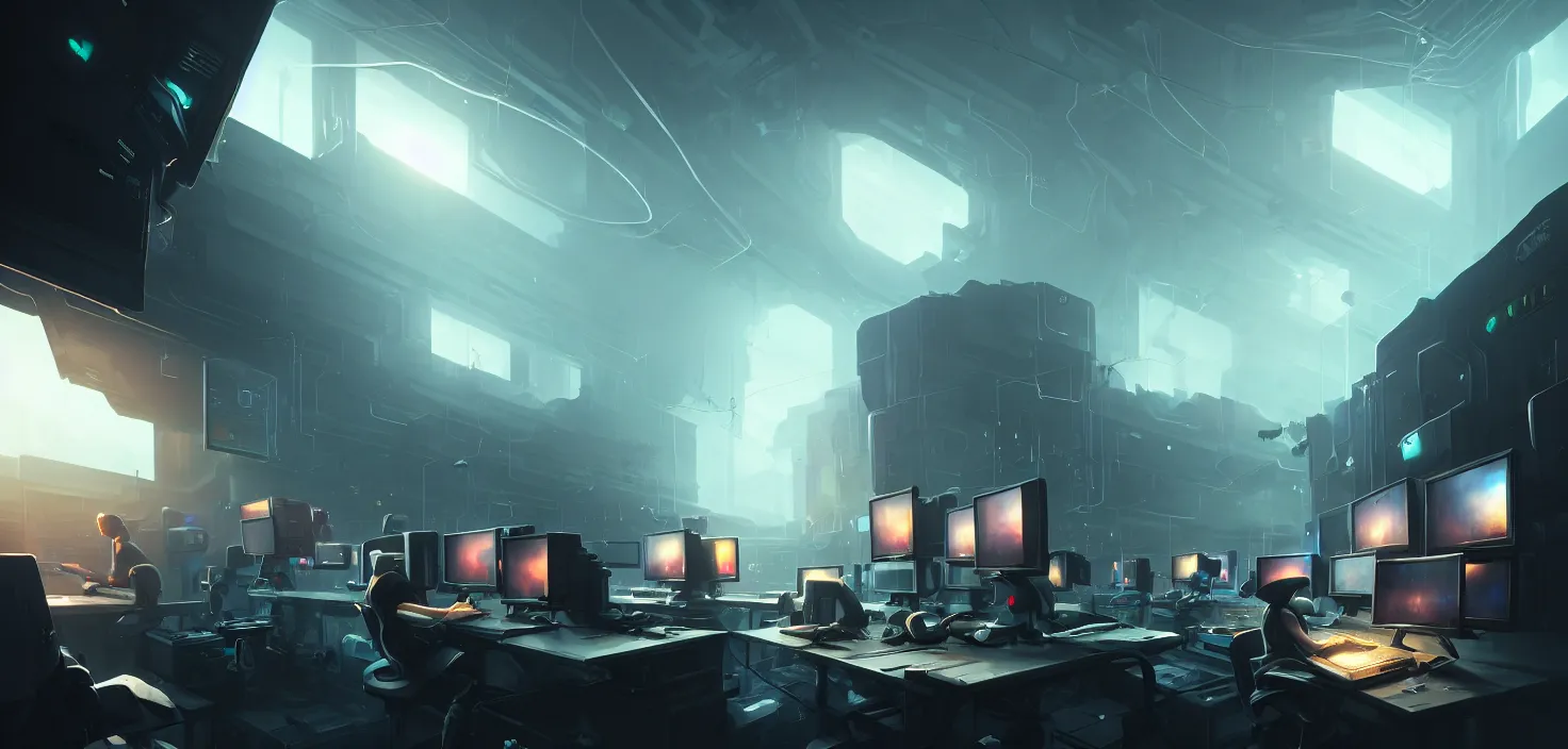 Image similar to hackers hooked directly into computers, wired in, in a highly detailed server room with computers everywhere, cinematic view, epic sky, detailed, concept art, low angle, high detail, warm lighting, volumetric, godrays, vivid, beautiful, trending on artstation, by jordan grimmer, huge scene, art greg rutkowski