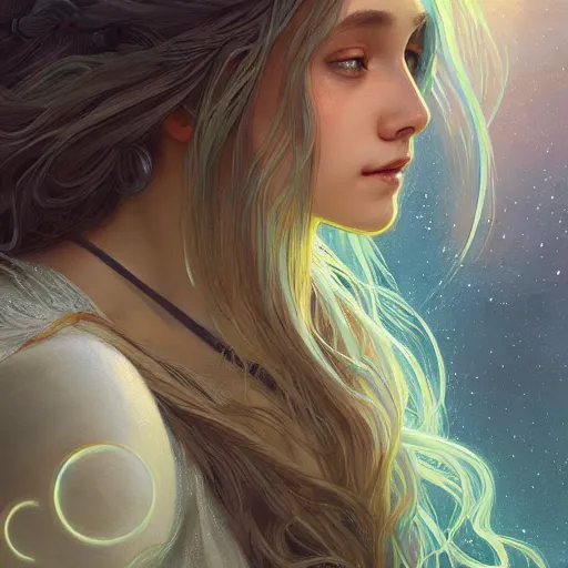 Image similar to aurora, girl with super long hair, hair becoming bright stars, intricate, highly detailed, digital painting, artstation, concept art, smooth, sharp focus, illustration, unreal engine 5, 8 k, art by artgerm and greg rutkowski and alphonse mucha