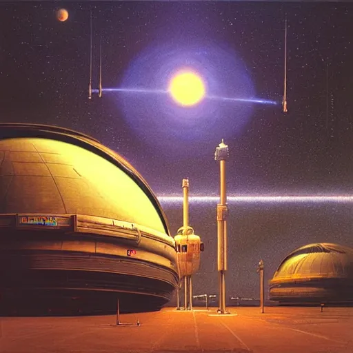 Prompt: Spaceport docking bay at night, inner light. Concept art, hyperrealism, extreme detail, art in the style of A New Hope. Art by. Beksinski and Michael Whelan