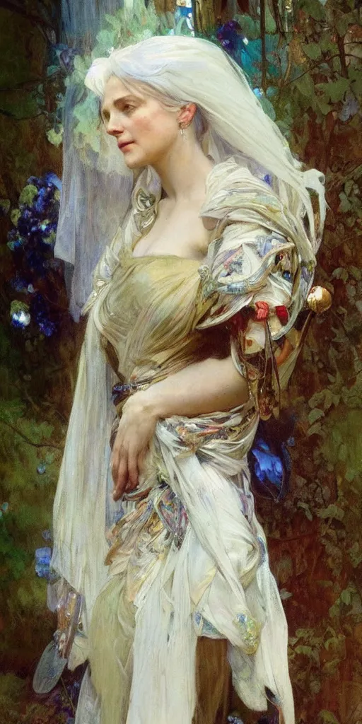 Image similar to a beautiful white haired woman, adorned with precious stones, by jeremy mann and alphonse mucha