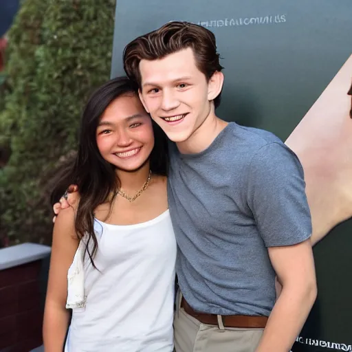 Image similar to Tom Holland with his arm around a beautiful Filipina college girl at Chapman University