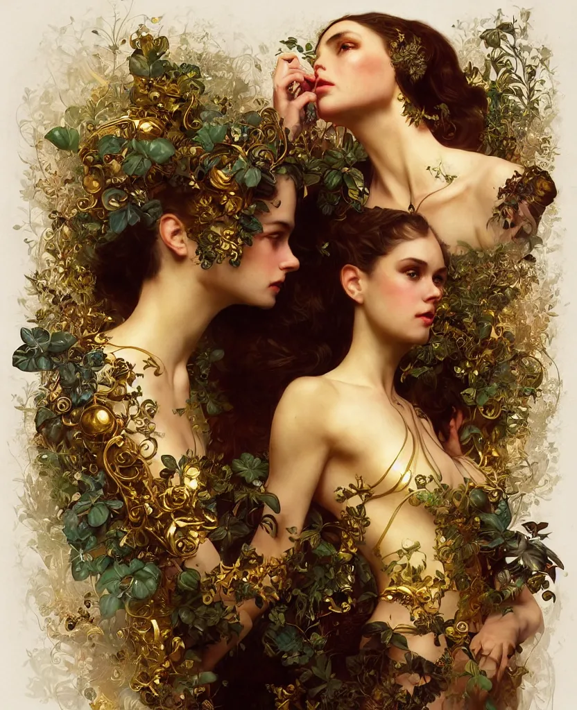 Image similar to hyper realistic photographer looking through a vintage medium format camera, magic pouring from lens, full body pose, design on white background, beautiful details, lush foliage cyberpunk, gold, drawn by john singer sargent, tom bagshaw, norman rockwell, alphonso mucha, lolish, trending on artstation