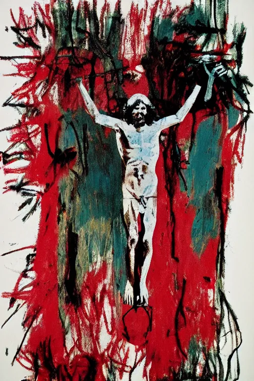 Image similar to bloody jesus christ crucified painted by cy twombly, basquiat and andy warhol