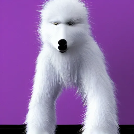 Image similar to a photo of a white fur monster standing in a purple room