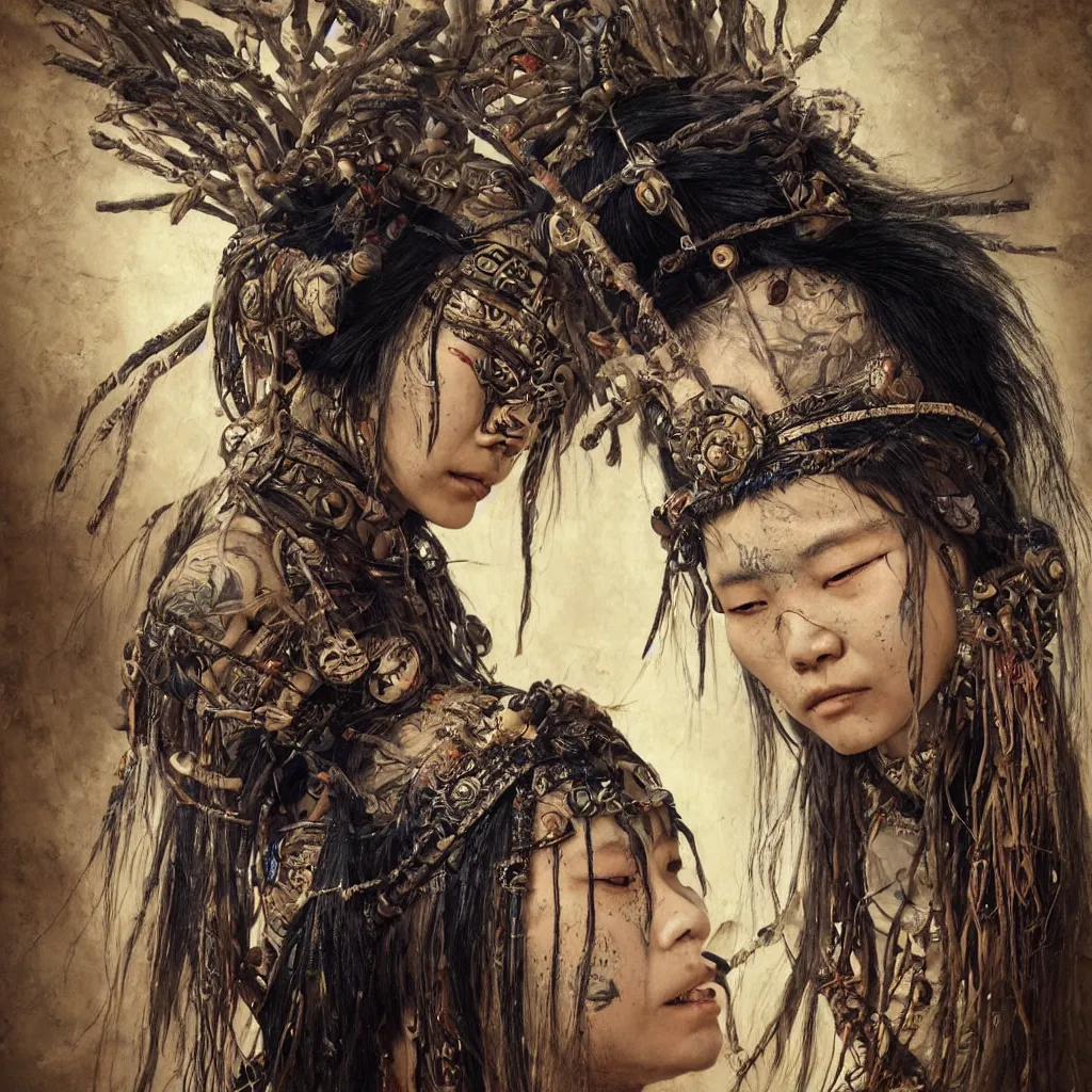 Image similar to A young blindfolded shaman japanese woman with a decorated headband performing a pagan ritual, in the style of heilung, blue hair dreadlocks and wood on her head, tribal piercing and tatoos , atmospheric lighting, intricate detail, cgsociety, ambient light, dynamic lighting, art by karol bak