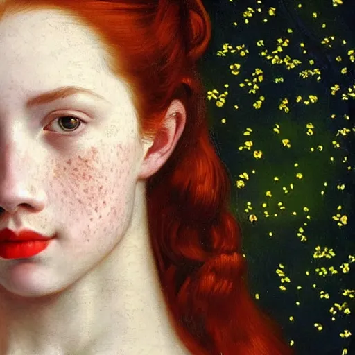 Prompt: a highly detailed portrait of a red haired young woman, among golden fireflies and nature, deep green eyes, hint of freckles, round gentle face, cheeky smile with red lips, deep focus, smooth, sharp, golden ratio, elegant, hyper realistic art by artemisia lomi gentileschi, caravaggio and sakimichan